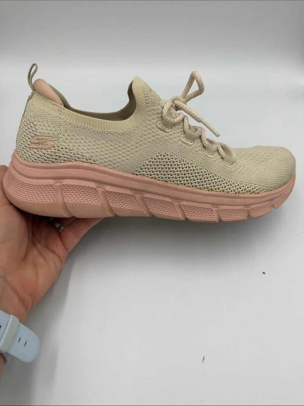 Skechers Women's Knit Slip-On Sneakers in Cream and Blush